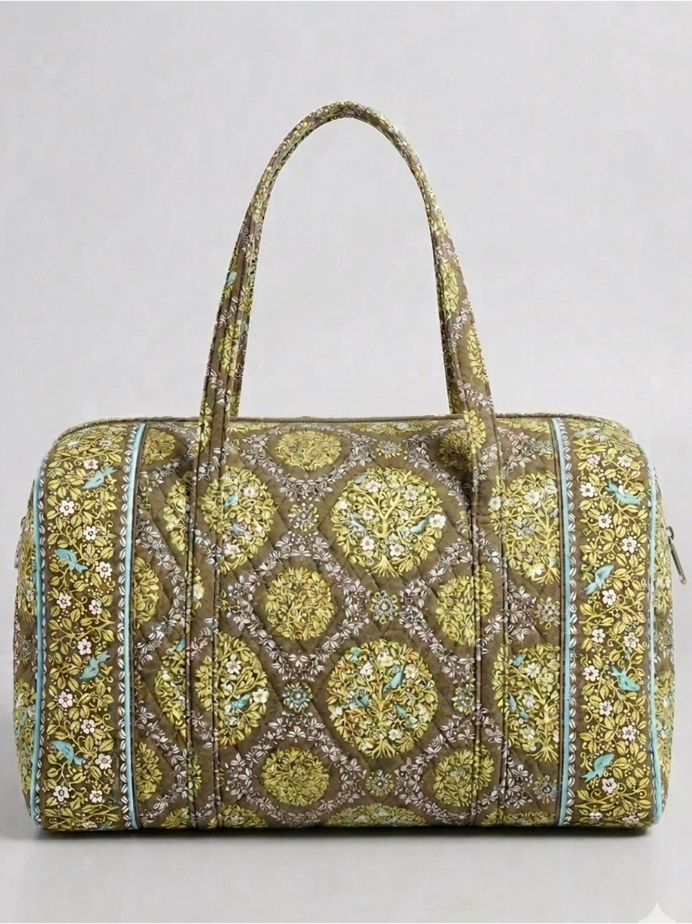 VERA BRADLEY Sitting in a Tree Floral Bird Quilted Travel Duffel Bag Green Aqua